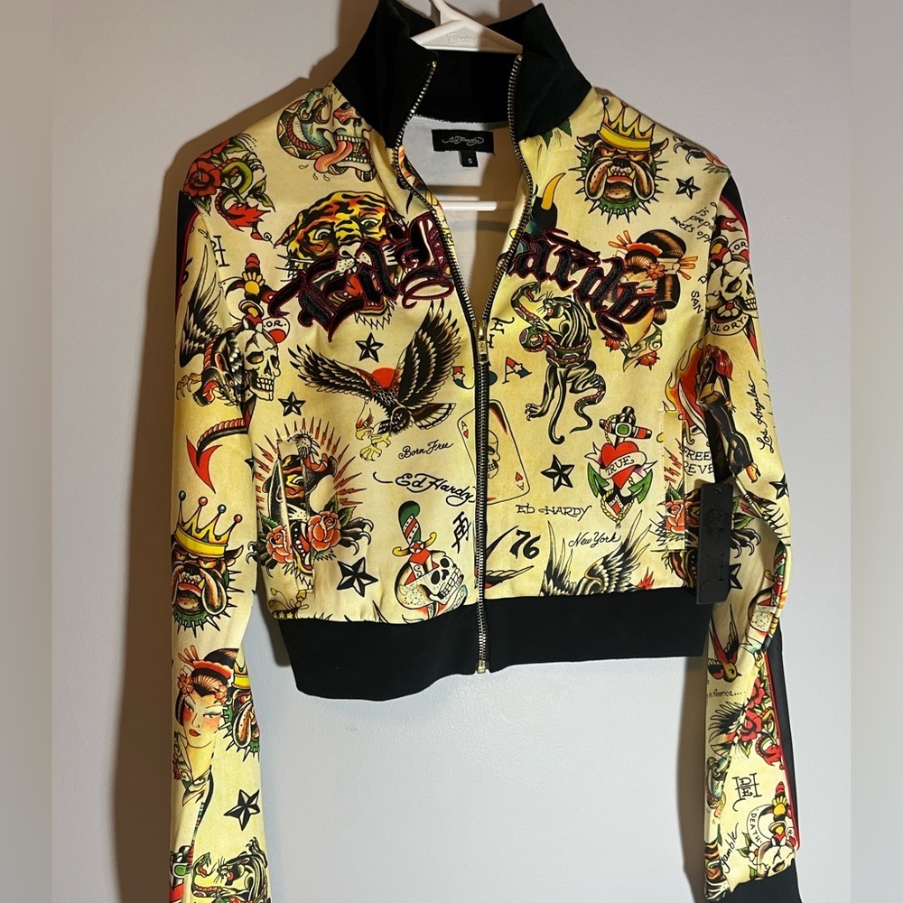Ed Hardy Women's Yellow Bomber Jacket with Tattoo Print - Picture 11 of 15